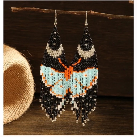 ❤️❤️FREE Butterfly Fringe Beaded Tassel Chic Glam Bug Vaca Hip Farm Art Earrings - Picture 4 of 4